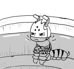 Size: 640x600 | Tagged: safe, artist:ficficponyfic, oc, oc only, oc:joyride (wasp), insect, wasp, anthro, colt quest, antennae, bath, complex background, cyoa, food, frown, glare, hand on knee, hand on leg, honey, monochrome, non-pony oc, solo, stinger, story included, submerged