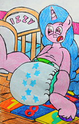 Size: 2003x3147 | Tagged: safe, artist:bitter sweetness, izzy moonbow, pony, unicorn, g5, my little pony: a new generation, my little pony: make your mark, my little pony: tell your tale, abdl, adult foal, crib, diaper, diaper fetish, diapered, female, fetish, mare, non-baby in diaper, open mouth, playmat, poofy diaper, solo, traditional art, white diaper