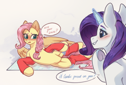 Size: 3697x2500 | Tagged: safe, artist:auroracursed, fluttershy, rarity, pegasus, pony, unicorn, g4, blushing, clothes, cute, duo, embarrassed, featureless crotch, female, leg warmers, magic, mare, smiling, socks, stupid sexy fluttershy