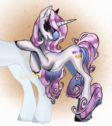 Size: 1887x2126 | Tagged: safe, artist:kisullkaart, fleur-de-lis, pony, unicorn, g4, concave belly, female, leaning forward, leaning on somepony, looking at you, mare, signature, slender, smiling, solo, thin