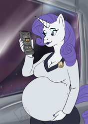 Size: 1614x2283 | Tagged: safe, artist:randomgirl1265, rarity, unicorn, anthro, g4, belly, big belly, breasts, busty rarity, cleavage, crossover, female, lipstick, planet, preggity, pregnant, scanner, smiling, space, spaceship, star trek