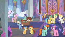 Size: 1294x743 | Tagged: safe, screencap, auburn vision, berry blend, berry bliss, citrine spark, citrus bit, gooseberry, huckleberry, hyper sonic, lemon crumble, november rain, peppermint goldylinks, silverstream, strawberry scoop, summer breeze, summer meadow, water spout, yona, earth pony, hippogriff, pegasus, pony, unicorn, yak, g4, school daze, animated, cloven hooves, colt, female, filly, foal, friendship student, gif, male, mare, stallion