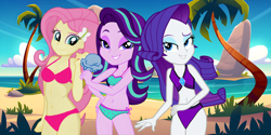 Size: 2960x1480 | Tagged: safe, artist:rosasmitt, fluttershy, rarity, starlight glimmer, human, equestria girls, g4, beautiful, belly button, bikini, breasts, caption, clothes, cute, image macro, legs together, pink bikini, rarity's beach shorts swimsuit, seductive, sexy, spoilers for another series, swimsuit, text