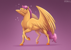 Size: 2292x1607 | Tagged: safe, artist:jenery, scootaloo, pegasus, pony, g4, female, gradient background, grin, hoers, mare, older, older scootaloo, patterned background, pink background, signature, smiling, solo, sparkles