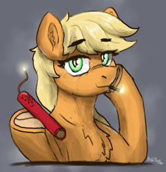 Size: 1530x1585 | Tagged: safe, artist:reddthebat, applejack, earth pony, pony, g4, bust, chest fluff, dynamite, ear fluff, explosives, eyebrows, eyebrows visible through hair, female, fire, frog (hoof), gray background, hatless, hoof hold, lidded eyes, looking at you, mare, match, missing accessory, simple background, smiling, smiling at you, solo, this will end in tears, underhoof