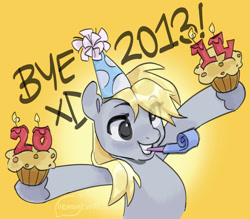 Size: 1280x1122 | Tagged: safe, artist:llemoncurdll, derpy hooves, pegasus, pony, g4, candle, derp, derpy being derpy, eye clipping through hair, female, food, happy, happy new year, happy new year 2024, hat, holiday, mare, muffin, noisemaker, party hat, party horn, simple background, smiling, solo, yellow background