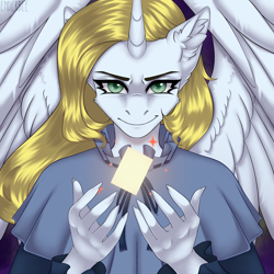 Size: 2048x2048 | Tagged: safe, alternate version, artist:enderbee, oc, oc only, oc:graceful charity, alicorn, anthro, alicorn oc, bedroom eyes, blonde, card, clothes, dramatic lighting, drawstrings, dress, glare, glowing, green eyes, high res, horn, lighting, looking at you, raised hand, shawl, smiling, smirk, spread wings, wings, yu-gi-oh!