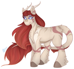 Size: 1591x1491 | Tagged: safe, artist:trashpanda czar, oc, oc only, oc:artemis mane, hybrid, antlers, cheek fluff, chest fluff, cloven hooves, female, flowing mane, hybrid oc, leg fluff, long hair, long tail, mare, prehensile tail, simple background, solo, tail, transparent background