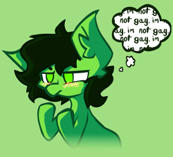 Size: 3406x3096 | Tagged: safe, artist:foxtrnal, oc, oc only, oc:filly anon, earth pony, pony, blushing, cel shading, denial, denial's not just a river in egypt, ear fluff, female, filly, green background, green eyes, high res, not gay, shading, simple background, thinking, thought bubble