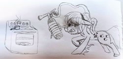 Size: 3767x1816 | Tagged: safe, artist:dhm, oc, oc:thingpone, pony, fire extinguisher, monochrome, sketch, solo, stove, traditional art