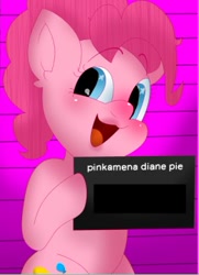 Size: 260x359 | Tagged: safe, artist:derpydbpony25, pinkie pie, earth pony, pony, g4, barbie, barbie (film), barbie mugshot meme, female, hoof hold, mare, meme, mugshot, open mouth, prisoner, solo