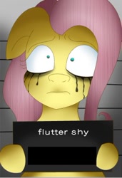 Size: 245x359 | Tagged: safe, artist:derpydbpony25, fluttershy, pegasus, pony, g4, barbie, barbie (film), barbie mugshot meme, crying, female, hoof hold, looking at you, makeup, mare, meme, mugshot, prisoner, running makeup, sad, solo