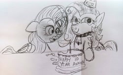 Size: 3990x2426 | Tagged: safe, artist:dhm, fluttershy, oc, oc:milky way, pony, /mlp/, anniversary, anniversary art, cake, candle, drawthread, food, high res, monochrome, sketch, traditional art