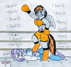 Size: 1280x1195 | Tagged: safe, artist:jose-ramiro, rarity, oc, oc:dusk strike, pegasus, anthro, unguligrade anthro, g4, boxing, boxing gloves, breasts, clothes, knock out, sports, sports bra, traditional art