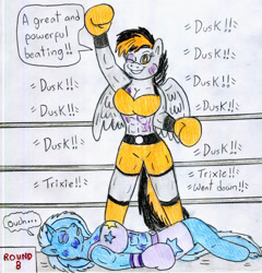 Size: 876x912 | Tagged: safe, artist:jose-ramiro, trixie, oc, oc:dusk strike, pegasus, anthro, unguligrade anthro, g4, boxing, boxing gloves, breasts, clothes, knock out, sports, sports bra, traditional art