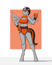 Size: 797x1003 | Tagged: safe, alternate version, artist:mgckfight, oc, oc only, oc:dusk strike, pegasus, anthro, unguligrade anthro, abstract background, big breasts, boxing, boxing gloves, breasts, clothes, female, solo, sports, sports bra