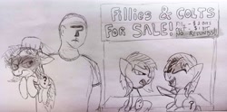 Size: 4006x1980 | Tagged: safe, artist:dhm, oc, oc:anon, oc:filly anon, human, pony, drawthread, fbi open up, female, fight, filly, monochrome, scruff, selling, sketch, this will end in jail time, traditional art