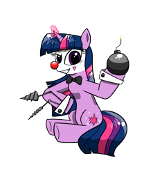 Size: 1000x1200 | Tagged: safe, artist:twi clown, derpibooru exclusive, oc, oc only, oc:twi clown, pony, unicorn, 2024 community collab, derpibooru community collaboration, g4, bomb, bowtie, clone, clown, clown nose, cuffs (clothes), horn, red nose, simple background, solo, transparent background, weapon