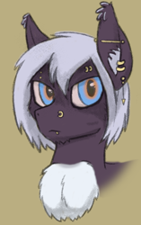 Size: 576x916 | Tagged: safe, artist:al solae, oc, oc only, oc:distraction, bat pony, bat pony oc, bust, chest fluff, chin fluff, ear fluff, ear piercing, eyebrow piercing, heterochromia, looking at you, male, nose piercing, partial heterochromia, piercing, simple background