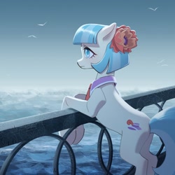 Size: 1280x1280 | Tagged: safe, artist:styarema, coco pommel, earth pony, pony, g4, butt, depressed, female, hatbutt, mare, necktie, ocean, plot, sad, solo, standing on two hooves, water