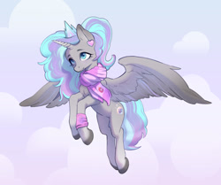 Size: 1422x1189 | Tagged: source needed, safe, artist:styarema, oc, oc only, alicorn, adventure time, belly, clothes, crown, ear piercing, earring, female, flying, jewelry, large wings, lumpy space princess, mare, piercing, princess bubblegum, regalia, scarf, solo, spread wings, wings