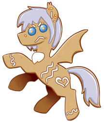 Size: 567x660 | Tagged: safe, artist:redxbacon, oc, oc only, oc:distraction, bat pony, food pony, pony, :<, >:<, bat pony oc, commission, ear fluff, food, gingerbread (food), partial heterochromia, ponified, simple background, solo, transparent background, ych result