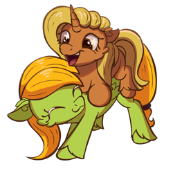 Size: 1200x1200 | Tagged: safe, artist:candy meow, oc, oc only, oc:aurora lulamoon, oc:candy meow, pegasus, pony, unicorn, 2024 community collab, derpibooru community collaboration, duo, female, filly, foal, horn, mare, riding, riding a pony, simple background, smiling, starry eyes, transparent background, wingding eyes, wings