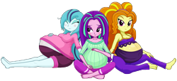 Size: 13800x6300 | Tagged: safe, artist:xniclord789x, adagio dazzle, aria blaze, sonata dusk, human, equestria girls, g4, barefoot, belly, belly band, belly blush, big belly, blushing, breasts, cleavage, clothes, eyes closed, feet, group shot, hand on belly, huge belly, looking at you, pajamas, pregnant, simple background, the dazzlings, transparent background, trio