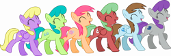 Size: 18092x5927 | Tagged: safe, artist:starryshineviolet, edit, blue buck, cinnamon swirl, deep blue, green jewel, tropical spring, welly, earth pony, pegasus, pony, g4, magical mystery cure, ^^, a true true friend, absurd resolution, background pony, conga line, crescent doo, dancing, eyes closed, group, group shot, palette swap, recolor, simple background, transparent background, vector