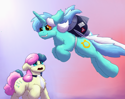 Size: 2459x1958 | Tagged: safe, artist:gosha305, bon bon, lyra heartstrings, sweetie drops, earth pony, pony, unicorn, g4, cheek fluff, clothes, d:, duo, duo female, ear fluff, female, floppy ears, flying, full body, gradient background, horn, implied shipping, jetpack, l.u.l.s., lesbian, looking at someone, multicolored hair, necktie, oh no, open mouth, secret agent sweetie drops, ship:lyrabon, shipping, smiling, smirk
