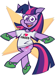 Size: 4559x6156 | Tagged: safe, artist:threetwotwo32232, twilight sparkle, pony, unicorn, g4, bipedal, crocs, female, looking at you, mare, simple background, solo, transparent background, twilight crockle, unicorn twilight