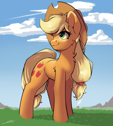 Size: 3600x4000 | Tagged: safe, artist:skitsroom, applejack, earth pony, pony, g4, cloud, eyebrows, eyebrows visible through hair, female, high res, mare, smiling, solo, wind