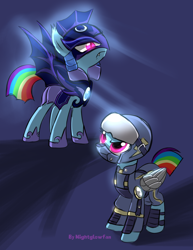 Size: 2550x3300 | Tagged: safe, artist:nightglowfan, rainbow dash, bat pony, pegasus, pony, g4, the cutie re-mark, alternate hairstyle, alternate timeline, amputee, apocalypse dash, armor, artificial wings, augmented, bat wings, crystal war timeline, folded wings, helmet, high res, night guard, night guard dash, nightmare takeover timeline, prosthetic limb, prosthetic wing, prosthetics, royal guard, self paradox, signature, spread wings, wings