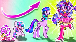 Size: 686x386 | Tagged: safe, artist:lalilu land, twilight sparkle, alicorn, centaur, human, pony, taur, equestria girls, g4, ai hoshino, arrow, blursed image, boots, centaur twilight, clothes, crossover, dress, egg, female, filly, filly twilight sparkle, oshi no ko, rainbow, shoes, starry eyes, thigh boots, twi hoshino, twilight sparkle (alicorn), wingding eyes, younger, youtube link, youtube thumbnail