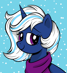 Size: 2716x2952 | Tagged: safe, artist:feather_bloom, oc, oc:snowy smarty, pony, unicorn, g4, clothes, comic style, commission, high res, scarf, simple background, simple shading, snow, snowfall, solo