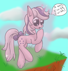 Size: 587x617 | Tagged: safe, artist:nat998877, twilight, pony, unicorn, g1, my little pony 'n friends, rescue at midnight castle, cliff, dialogue, dialogue box, full body, glowing, glowing horn, grass, horn, magic, pink coat, sky, solo, sparkly eyes, speech bubble, spell, teleportation, white mane, wingding eyes