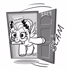 Size: 3017x3173 | Tagged: safe, artist:opalacorn, oc, oc only, oc:void, pegasus, pony, beanbrows, black and white, door, door slam, eyebrows, female, grayscale, high res, laurel wreath, male, mare, monochrome, mouth hold, pencil drawing, simple background, solo, traditional art, unshorn fetlocks, white background