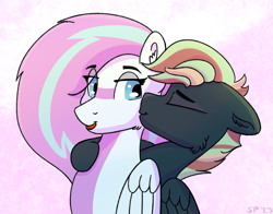 Size: 1675x1314 | Tagged: safe, artist:single purpose, oc, oc only, oc:dyn, oc:treading step, pegasus, pony, cheek fluff, cheek kiss, cute, cute artist, duo, duo male, eye clipping through hair, eyelashes, eyes closed, folded wings, kissing, male, multicolored hair, oc x oc, open mouth, shipping, simple background, wings