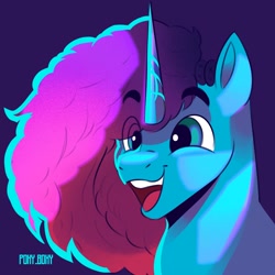 Size: 1500x1500 | Tagged: safe, artist:poxy_boxy, misty brightdawn, pony, unicorn, g5, bust, eye clipping through hair, eyebrows, eyebrows visible through hair, female, mare, open mouth, open smile, purple background, rebirth misty, signature, simple background, smiling, solo