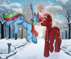 Size: 3000x2500 | Tagged: safe, artist:zarioly, oc, oc only, oc:hotshot, oc:limu, pegasus, pony, unicorn, blushing, clothes, duo, female, flying, hat, high res, horn, looking at each other, looking at someone, magic, mare, mistletoe, park, pegasus oc, scarf, snow, unicorn oc