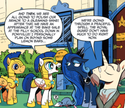 Size: 548x476 | Tagged: safe, idw, screencap, flash sentry, kibitz, princess luna, tiberius, alicorn, pegasus, pony, unicorn, g4, micro-series #10, my little pony micro-series, armor, comic, female, general armchair, luna is not amused, male, mare, pegasus royal guard, royal guard, royal guard armor, stallion, tired, unamused