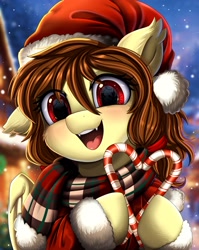 Size: 2550x3209 | Tagged: safe, artist:pridark, oc, oc only, oc:noctalia, bat pony, pony, bat pony oc, bat wings, candy, candy cane, christmas, clothes, commission, cute, fangs, food, hat, high res, holiday, one ear down, open mouth, pridark is trying to murder us, santa hat, scarf, snow, snowfall, solo, striped scarf, wings, ych result
