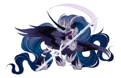 Size: 3550x2300 | Tagged: safe, artist:inspiredpixels, oc, oc only, oc:ebony eclipse, alicorn, pony, armor, female, high res, mare, scythe, simple background, solo, transparent background