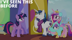 Size: 2000x1125 | Tagged: safe, edit, edited screencap, editor:quoterific, screencap, princess cadance, princess flurry heart, shining armor, twilight sparkle, alicorn, g4, my little pony best gift ever, earmuffs, messy hair, messy mane, messy tail, ponyville, snow, star flurry heart, tail, twilight sparkle (alicorn), twilight's castle