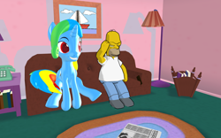 Size: 1920x1200 | Tagged: safe, artist:puzzlshield2, oc, oc:puzzle shield, pony, 3d, couch, couch gag, homer simpson, meme, mmd, news, news report, sitting, story included, the simpsons, watching tv