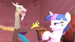 Size: 1366x768 | Tagged: safe, artist:somnofeetia8, part of a set, discord, twilight sparkle, draconequus, pony, unicorn, series:don't mess with twilight, g4, 3d, book, chair, description is relevant, dialogue in the description, discord being discord, fangs, jump scare, open mouth, part of a series, reading, scaring, story included, twilight sparkle is not amused, unamused, unicorn twilight