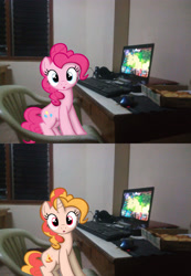 Size: 1024x1477 | Tagged: safe, pinkie pie, oc, oc:pizza pie, earth pony, pony, unicorn, fanfic:full friendship's magic, g4, chair, computer, headphones, pizza pie, table