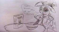 Size: 4160x2303 | Tagged: safe, artist:dhm, trixie, pony, g4, breakfast, cereal, drawthread, food, monochrome, sketch, solo, speech bubble, table, traditional art, trix