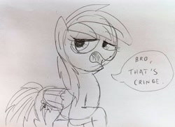 Size: 3581x2602 | Tagged: safe, artist:dhm, rainbow dash, pony, g4, cringing, high res, monochrome, sketch, solo, speech bubble, traditional art