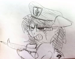 Size: 3590x2838 | Tagged: safe, artist:dhm, oc, oc:filly anon, pony, angry, beret, female, filly, gun, hat, high res, meme, monochrome, punished filly, rifle, scar, sketch, solo, traditional art, weapon